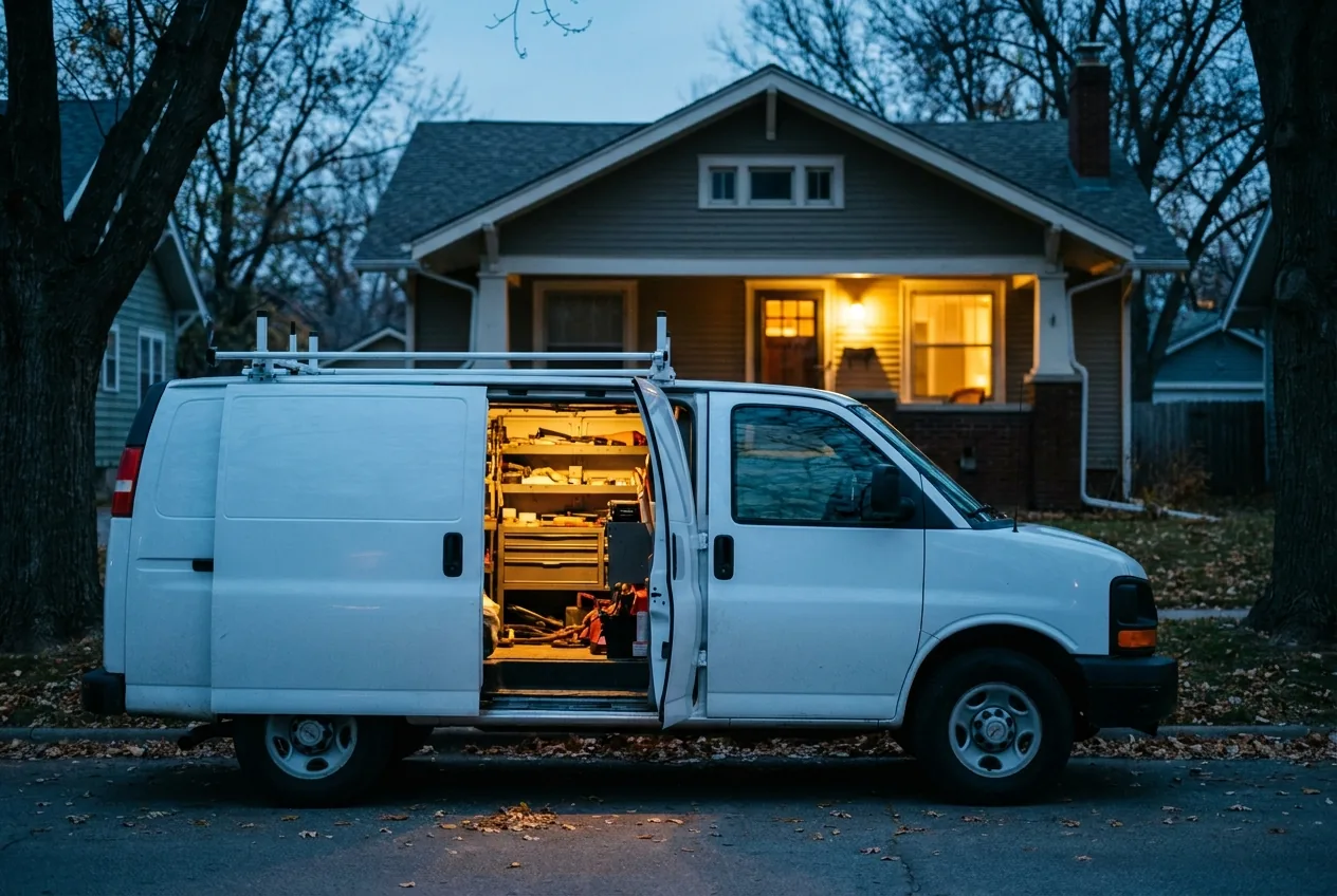 A Copperline service van at the curb of a Lincoln home at dusk, side door open, porch light on